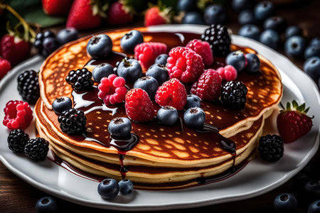 Pancakes with fresh berries and chocolate syrup, selective focus.の素材