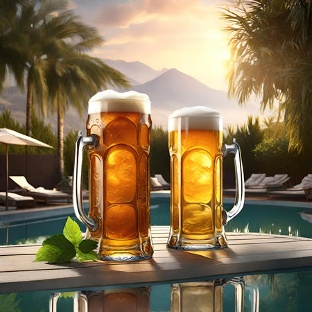 Two mugs of beer on a swimming pool with palm trees in the backgroundの素材