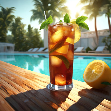 Ice tea on wooden deck near swimming pool. 3d renderingの素材