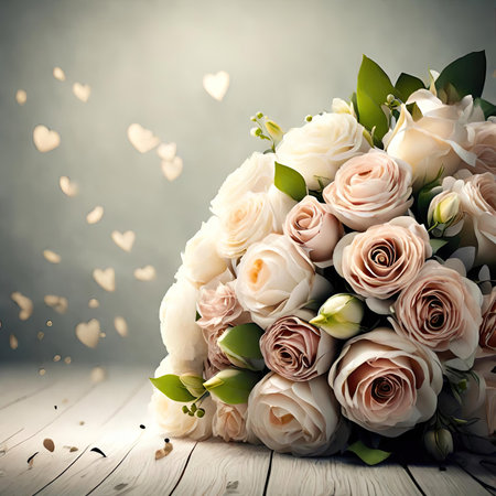 Wedding bouquet of white roses on wooden backgroundの素材