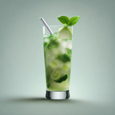 Mojito cocktail with mint and ice in glass on gray backgroundの素材