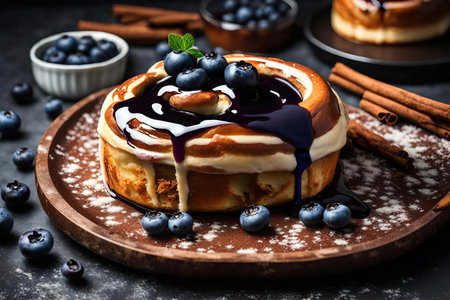 Cinnamon rolls with blueberry sauce and cinnamon sticks on dark backgroundの素材