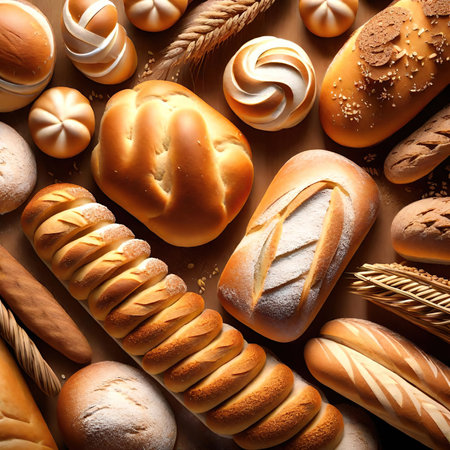Variety of bread and buns on brown background. top view.の素材