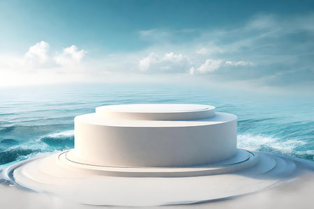 White podium on the background of the sea and sky. 3d renderingの素材