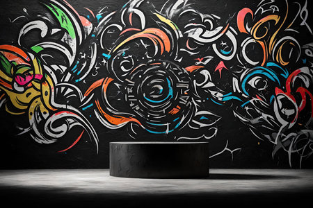 Black podium in front of a wall with colorful graffiti. 3d renderingの素材