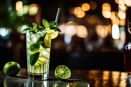 Mojito cocktail with lime, mint and ice on the bar counterの素材