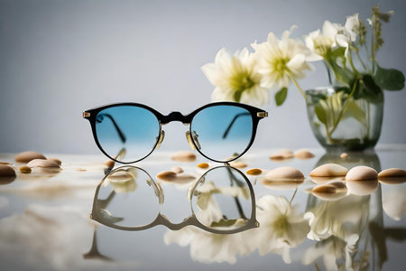 Sunglasses and flowers on a white background with reflection. selective focus.の素材