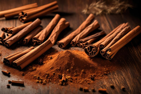Cinnamon sticks and powder on wooden background. selective focus.の素材