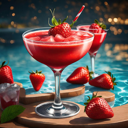 Strawberry Daiquiri cocktail with ice cubes and fresh strawberries on blue backgroundの素材