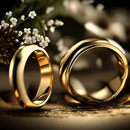 wedding rings on a dark background with flowers, close upの素材