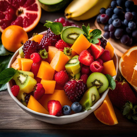 Healthy fruit salad with melon, strawberries, raspberries, kiwi, blueberries, oranges, bananas, grapefruits and pomegranate seedsの素材