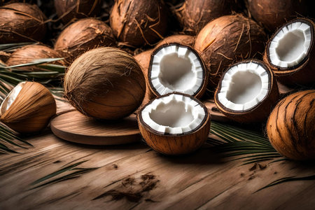 Coconut on wooden backgroundの素材