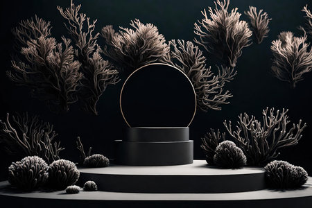 Round podium for product presentation with black corals. 3D renderingの素材