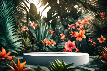 Display podium with tropical leaves and flowers.の素材