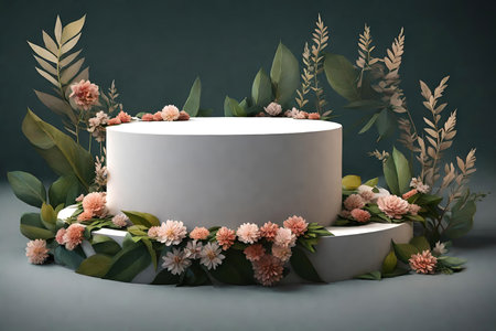 3d render of white podium for product presentation with flowers and leavesの素材