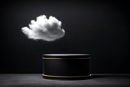 Black podium with white cloud on black background. 3D Renderingの素材