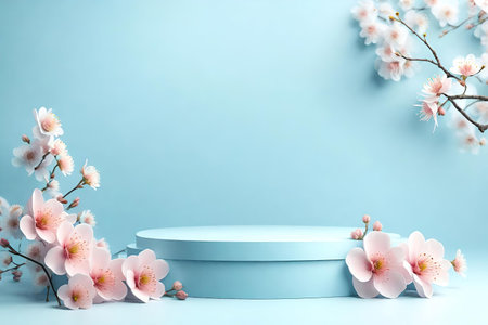 Cherry (sakura) blossom and blue podium on blue background. 3d renderingの素材