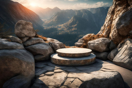 3d render of stone podium in the mountains at sunset time.の素材