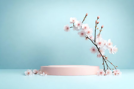 Cherry (sakura) blossom and podium on blue background, 3d renderの素材