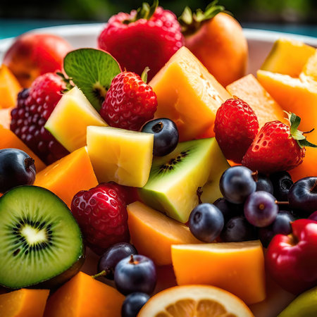 Fresh fruit salad with strawberries, raspberries, blueberries, kiwi and mangoの素材