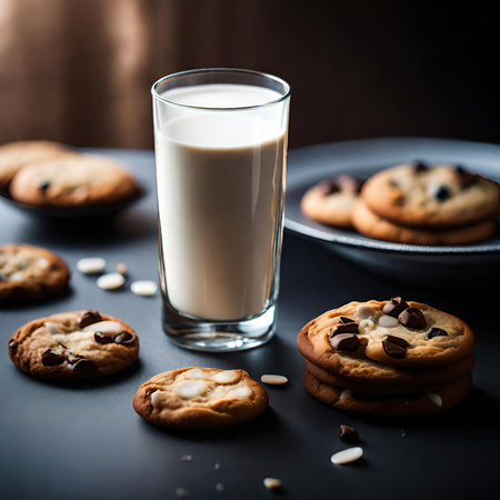 Chocolate chip cookies and glass of milk on dark wooden background.の素材