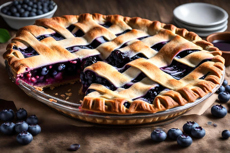 Blueberry pie with fresh berries on rustic wooden table, closeupの素材