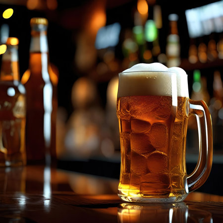 Glass of beer with ice on the bar counter. beer background.の素材