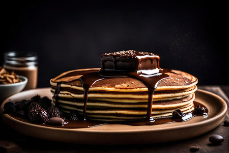 Pancakes with chocolate syrup and caramel on a wooden background.の素材