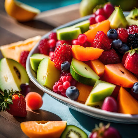 Fresh fruit salad in a plate on a wooden table.の素材