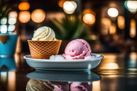 Ice cream in waffle cone on table in cafeの素材