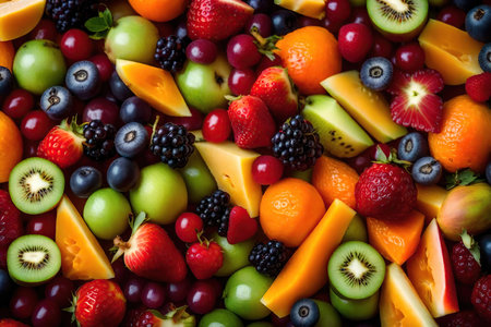 Mix of fresh fruits and berries in a bowl. top view.の素材