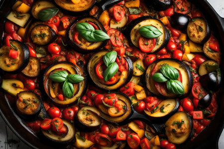 Ratatouille with eggplant, cherry tomatoes and basil, top view, close shotの素材