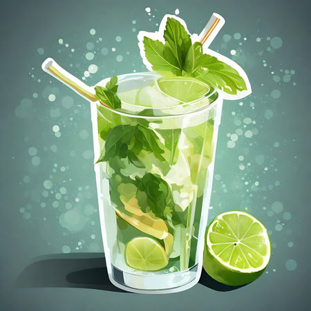 Mojito cocktail with lime, mint and ice cubes. vector illustration.の素材