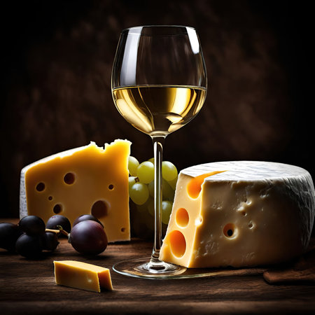 Wine and cheese still life on a rustic wooden background.の素材