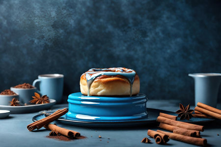 Cinnamon rolls with sugar glaze and cinnamon sticks on blue backgroundの素材