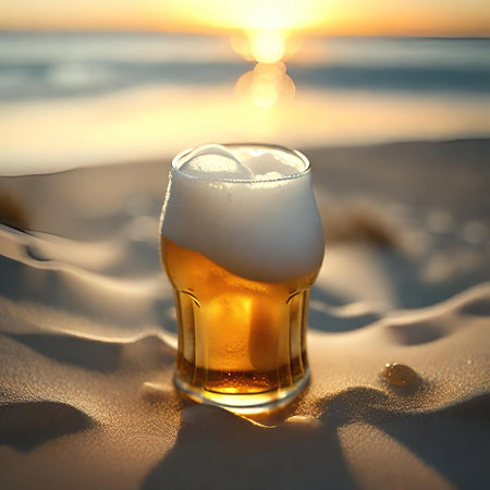 Glass of beer on the beach at sunrise. selective focus.の素材