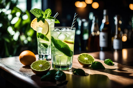 Mojito cocktail with lime, mint and ice on bar counterの素材