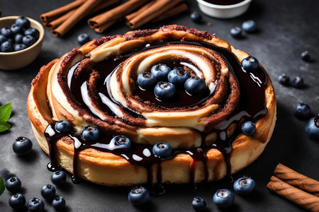 Delicious cinnamon rolls with blueberries and chocolate sauce on table, closeupの素材