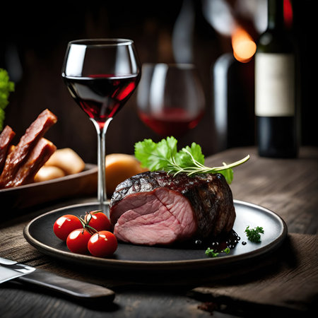 Grilled beef tenderloin with vegetables and red wine on wooden tableの素材