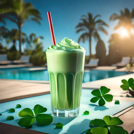 Shamrock smoothie in a glass with a straw on the background of the swimming pool.の素材