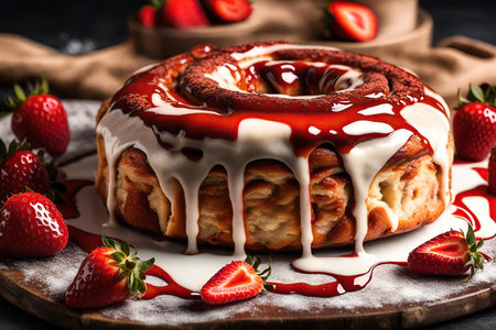 Cinnamon rolls with strawberry glaze on wooden boardの素材
