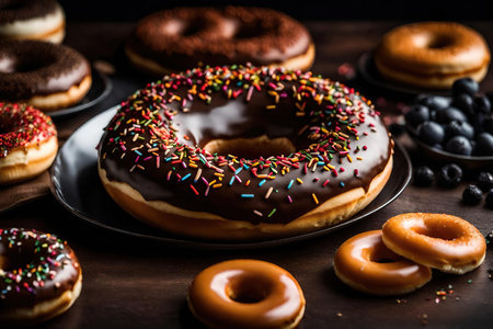 Delicious donuts with chocolate and sprinkles on wooden backgroundの素材