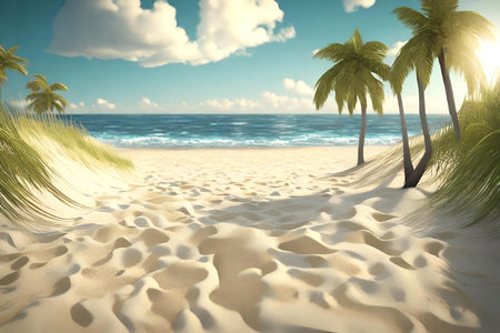 Tropical beach with palm trees and sand. 3d renderingの素材