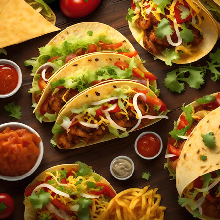 Mexican tacos with meat, vegetables and sauces on wooden table. top viewの素材