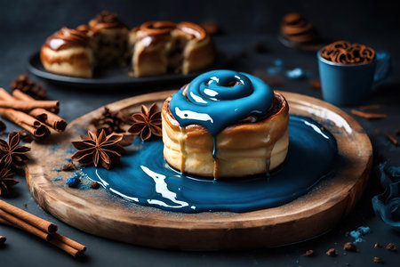 Homemade cinnamon rolls with blue syrup and cinnamon sticks on dark backgroundの素材