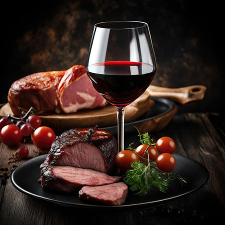 Slices of roast beef with a glass of red wine on wooden backgroundの素材