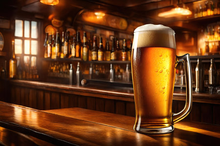 Beer in a glass on a wooden table in a pubの素材
