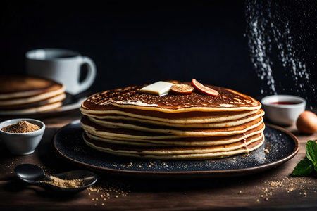 Pancakes with butter and honey on a dark wooden background.の素材
