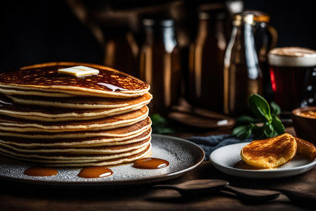 Stack of pancakes with maple syrup and honey on rustic wooden tableの素材
