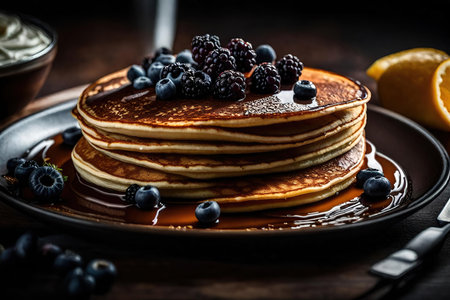 Pancakes with blueberries and blackberries on a wooden backgroundの素材
